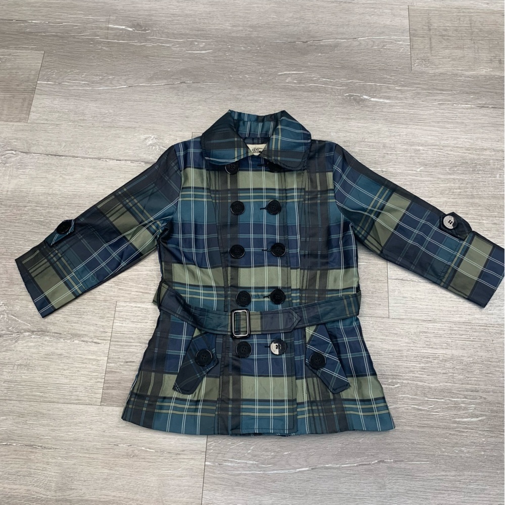 Burberry Blue and Green Plaid Double-Breasted Peacoat Sz large girls
